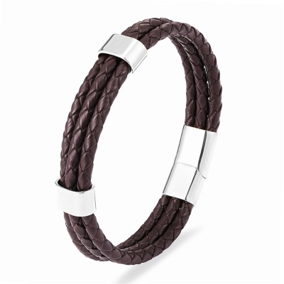 Brown Leather Bracelet with Stainless Steel Ring