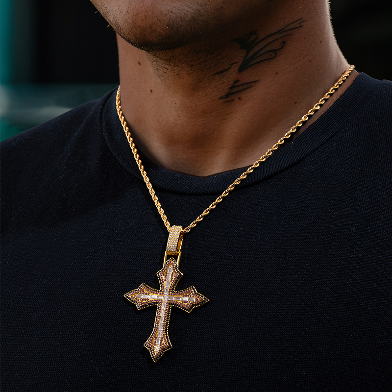 Iced Pink Baguette Cut Cross Pendant in Gold