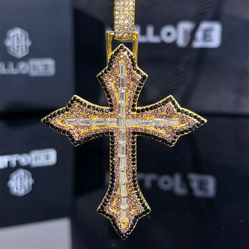 Iced Pink Baguette Cut Cross Pendant in Gold