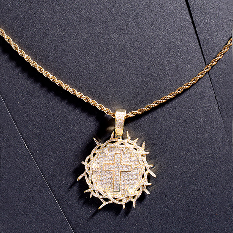 Iced Crown of Thorns with Cross Medallion Pendant