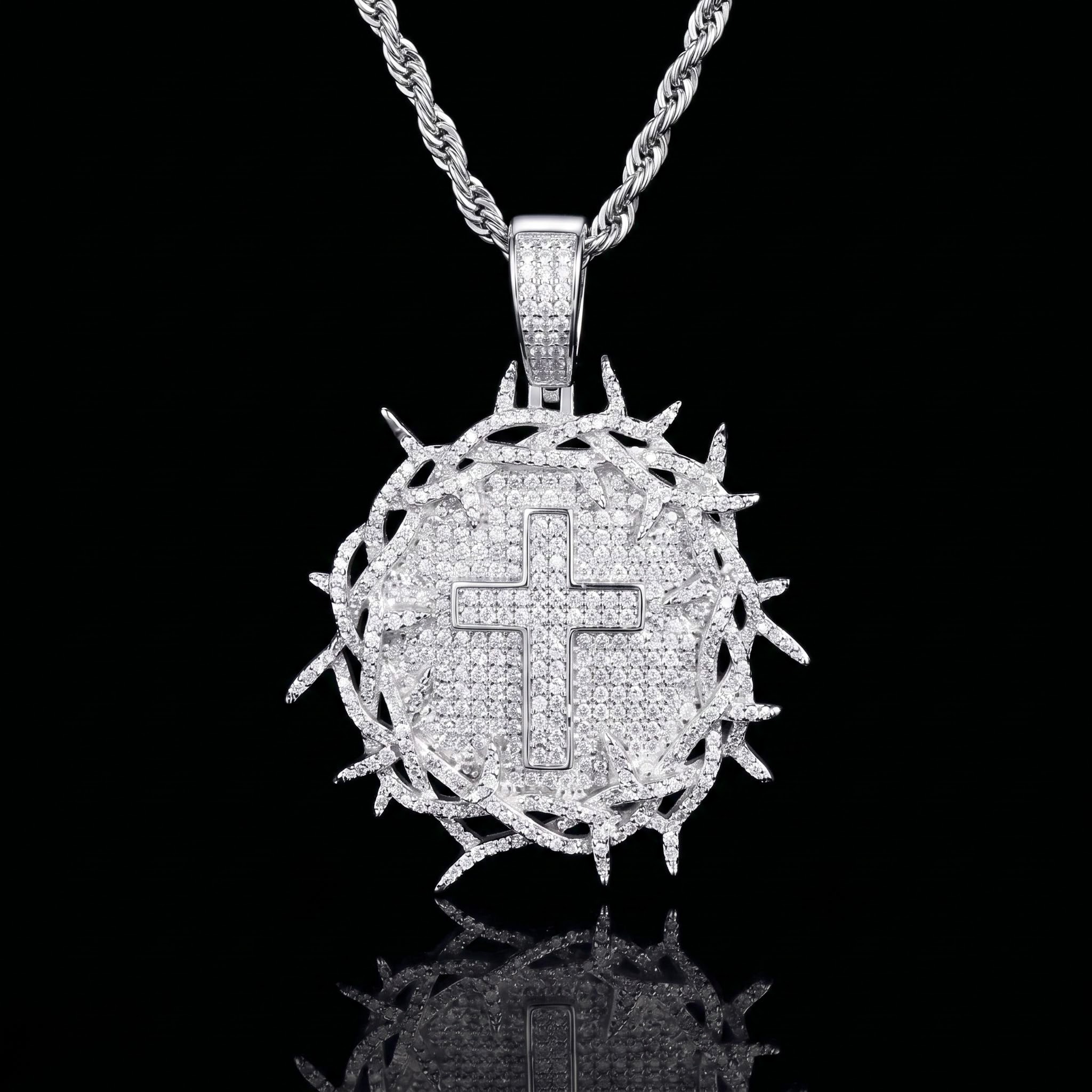 Iced Crown of Thorns with Cross Medallion Pendant