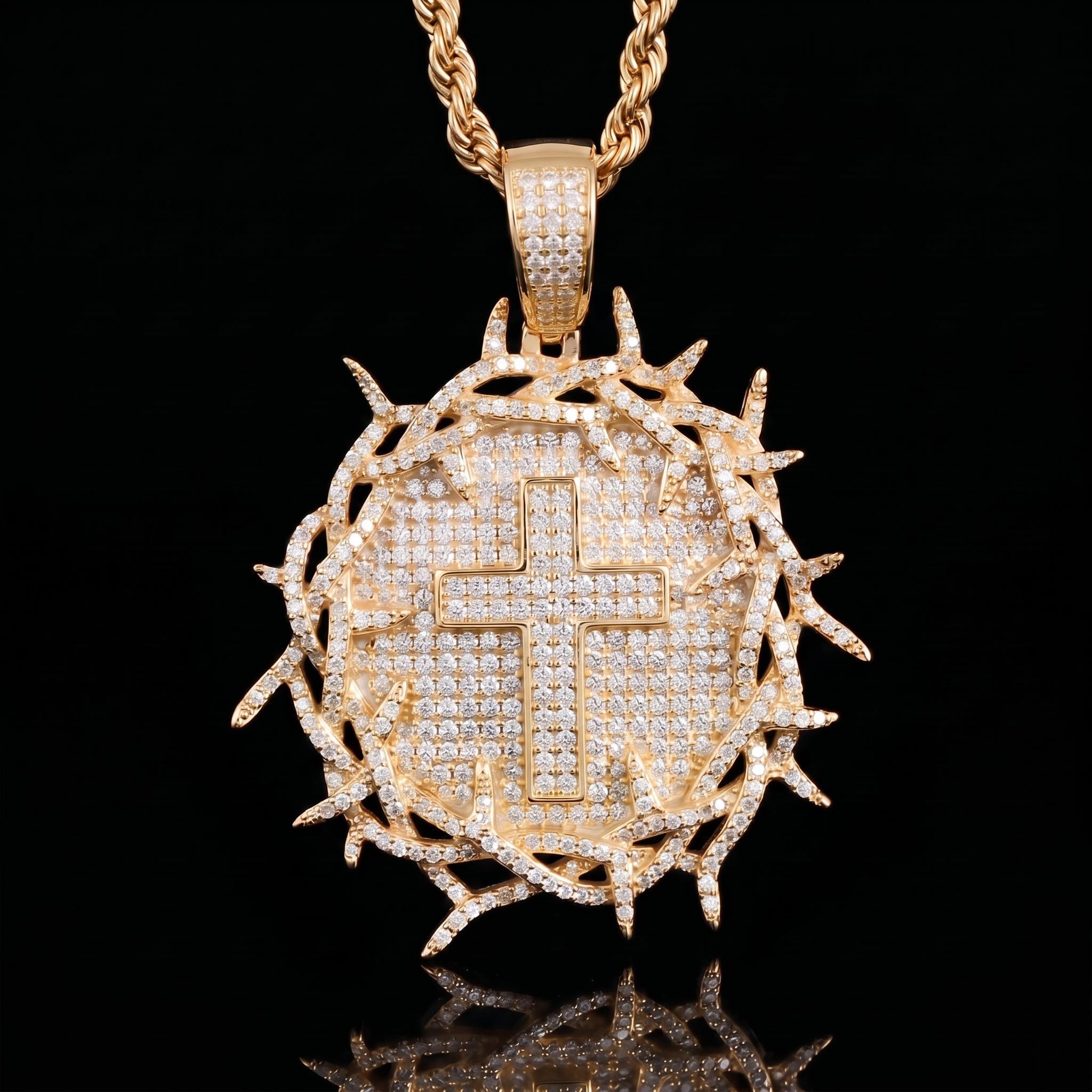Iced Crown of Thorns with Cross Medallion Pendant