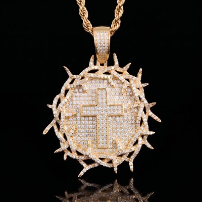 Iced Crown of Thorns with Cross Medallion Pendant