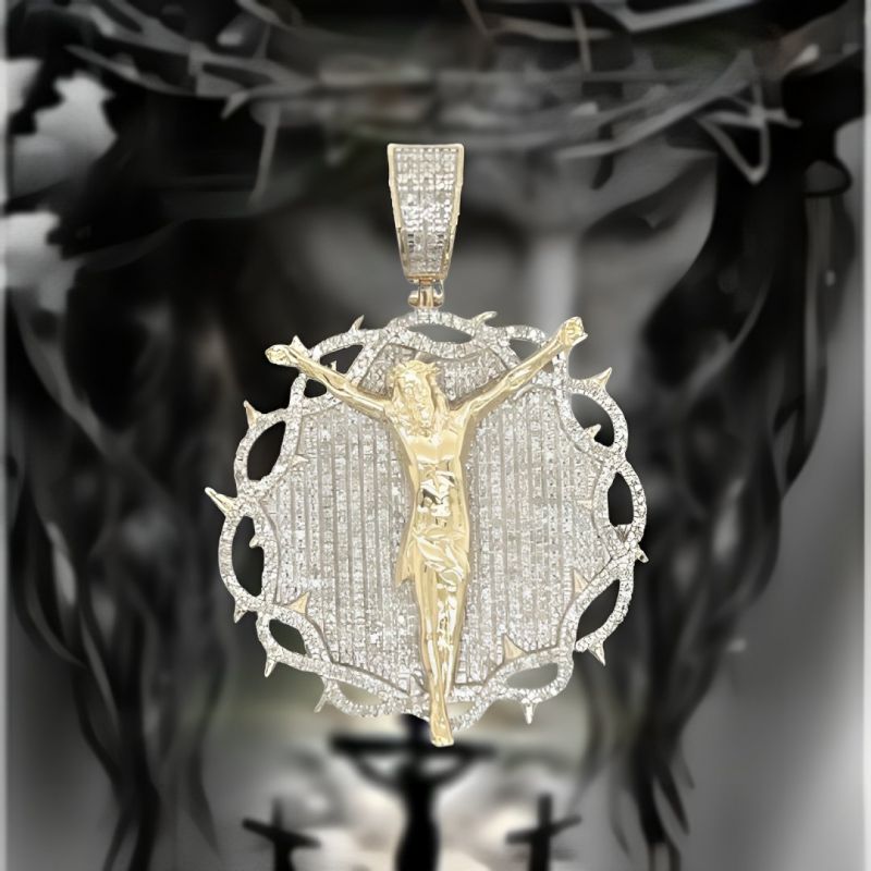 Paved Crown of Thorns with Jesus Medallion Pendant