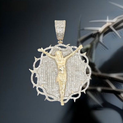 Paved Crown of Thorns with Jesus Medallion Pendant