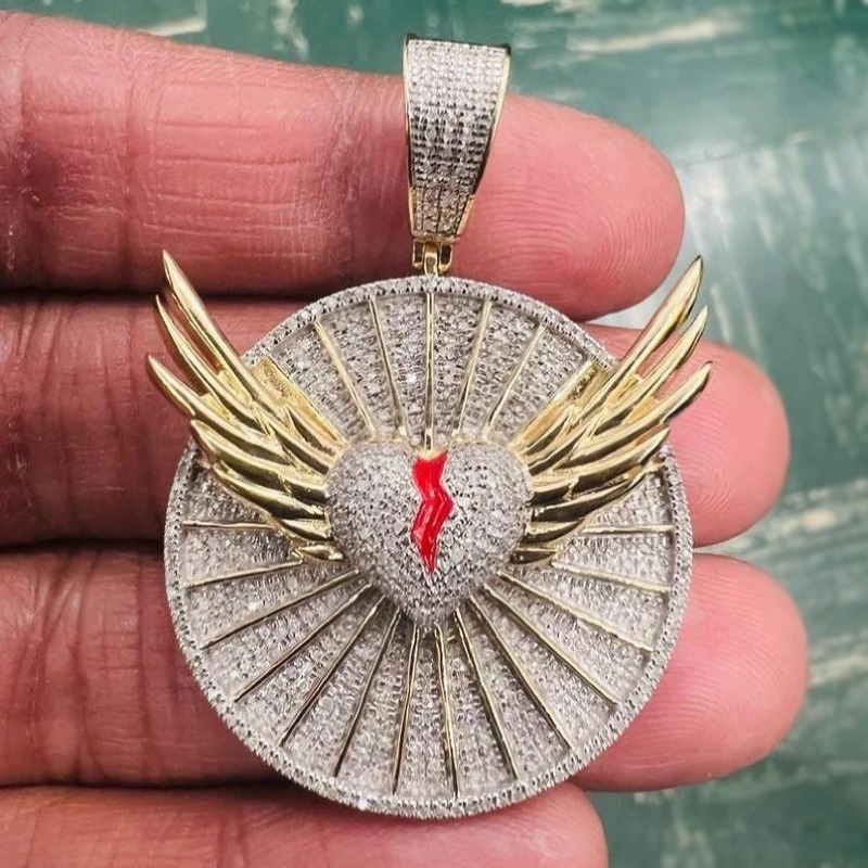 3D Broken Heart with Flying Wings Paved Medallion Pendant