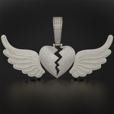 Paved Broken Heart with Flying Wings Pendant
