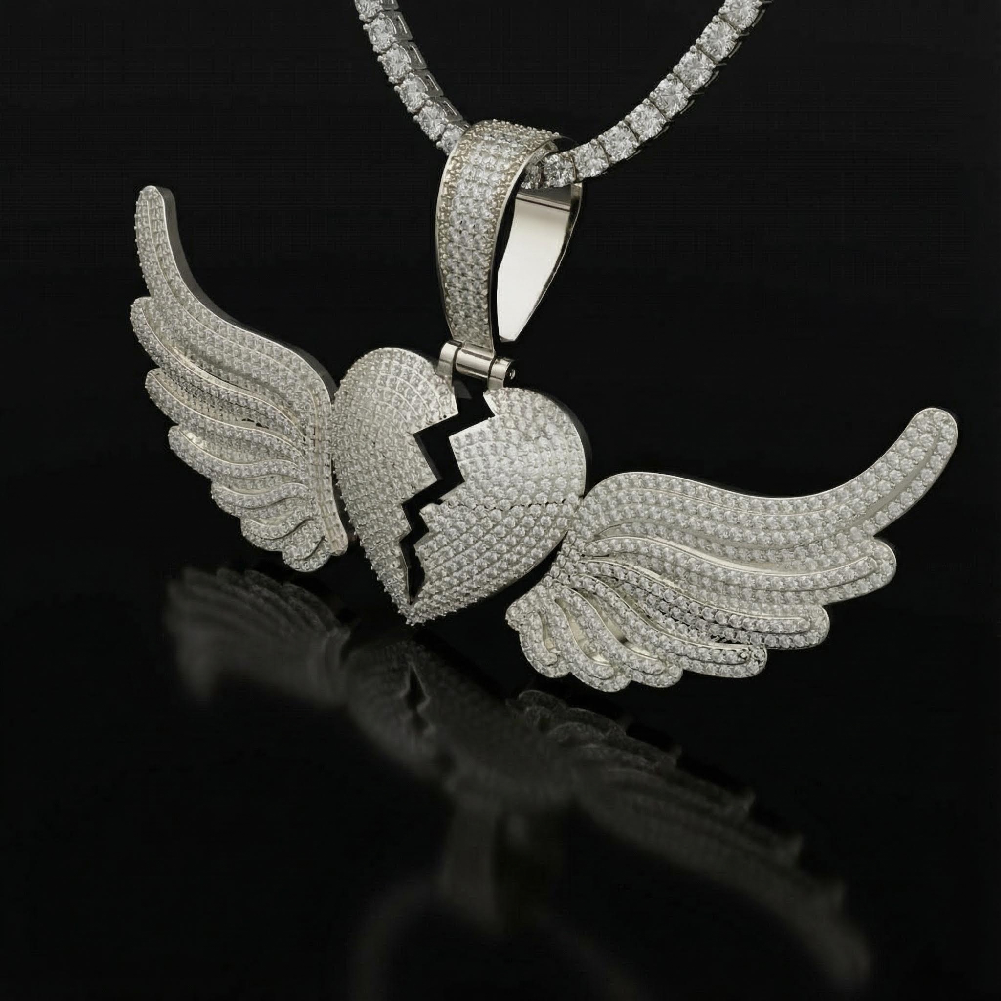 Paved Broken Heart with Flying Wings Pendant