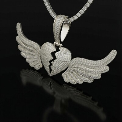 Paved Broken Heart with Flying Wings Pendant