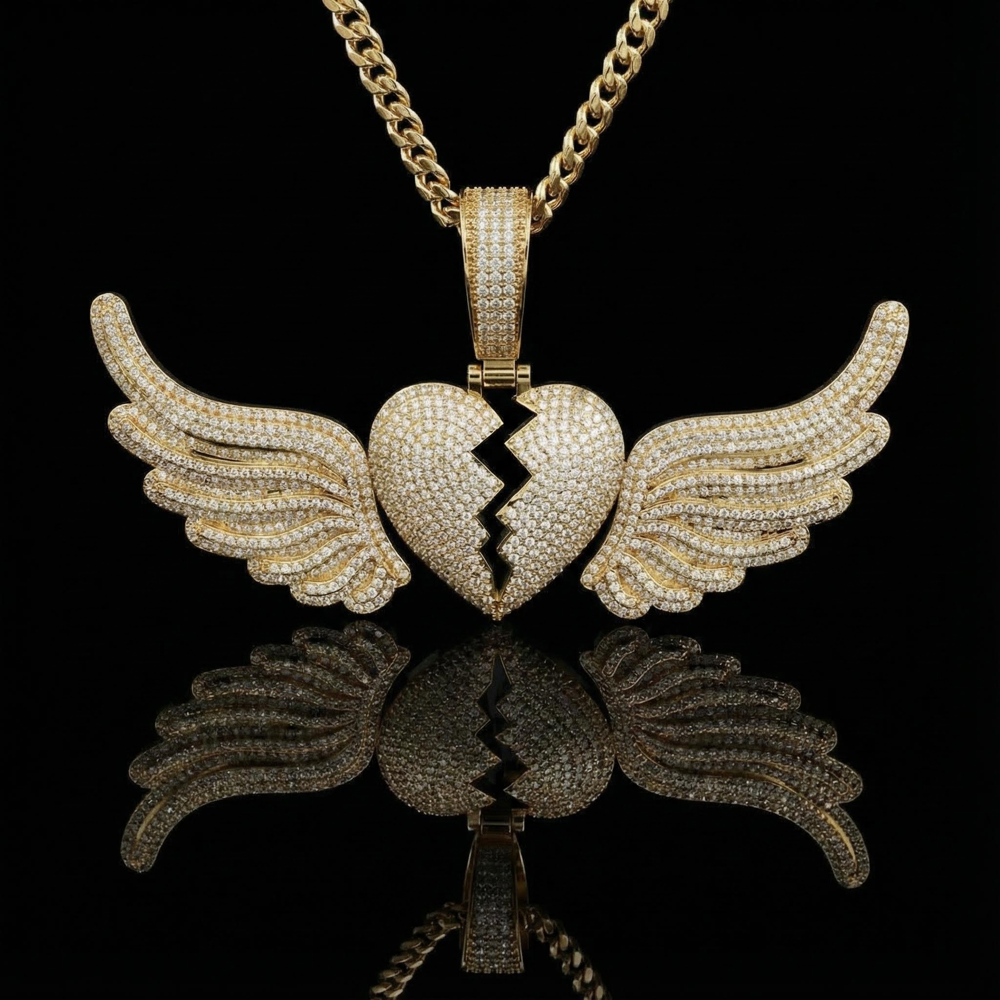 Paved Broken Heart with Flying Wings Pendant