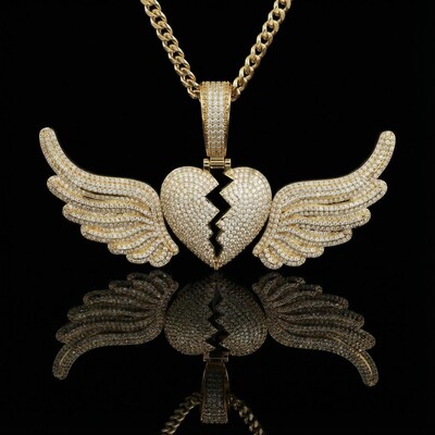 Paved Broken Heart with Flying Wings Pendant