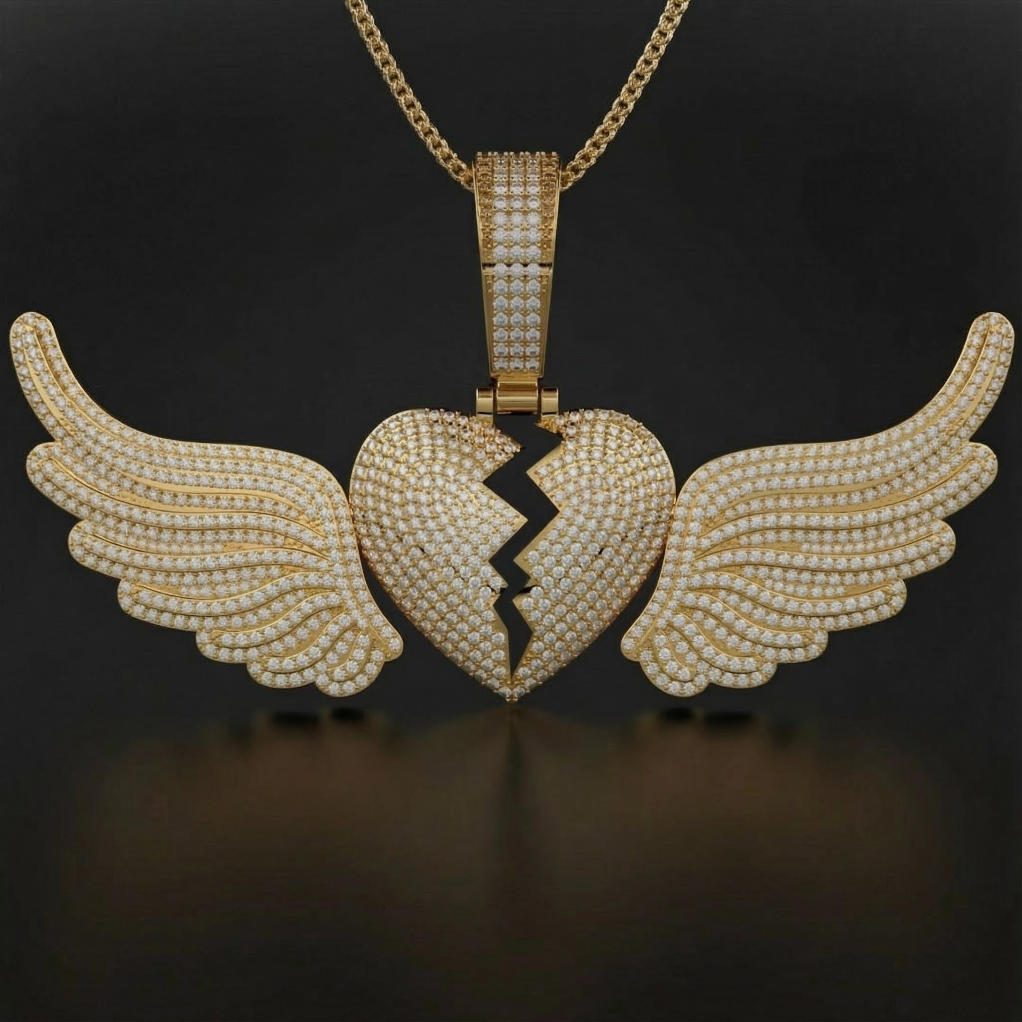 Paved Broken Heart with Flying Wings Pendant