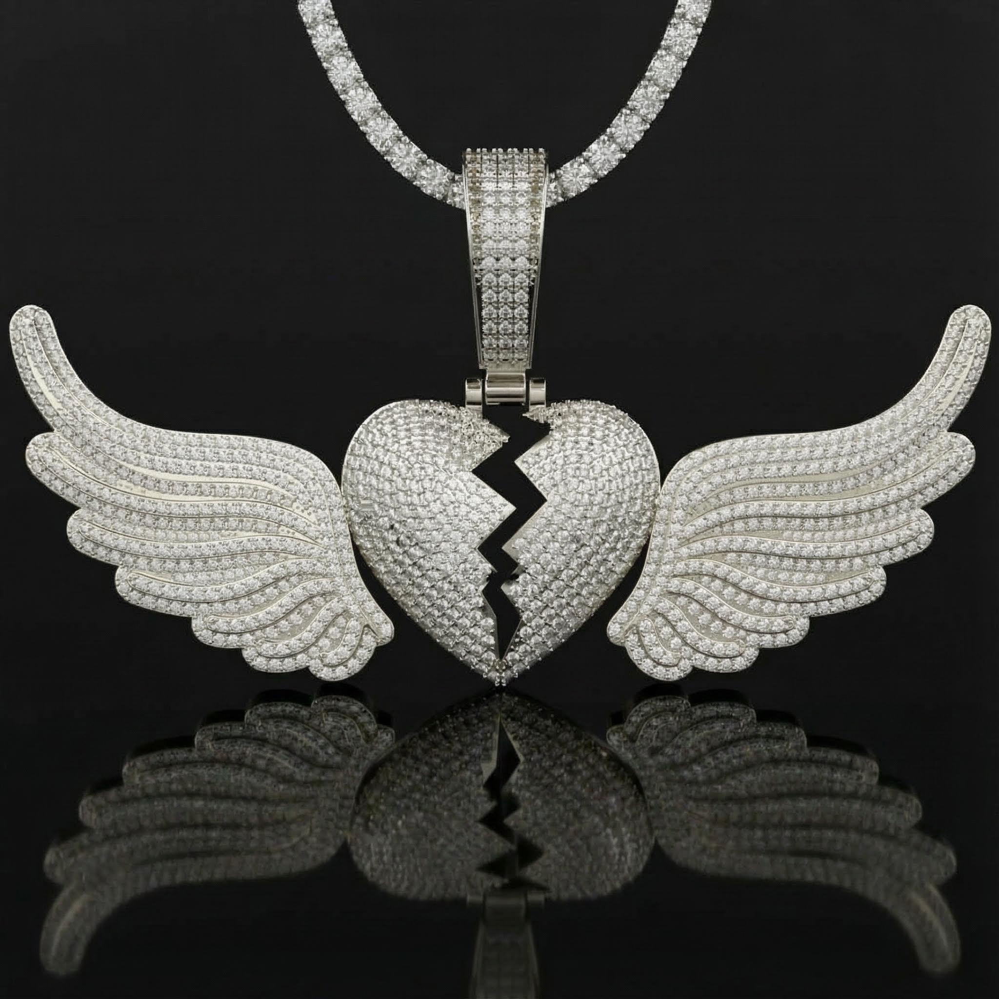 Paved Broken Heart with Flying Wings Pendant