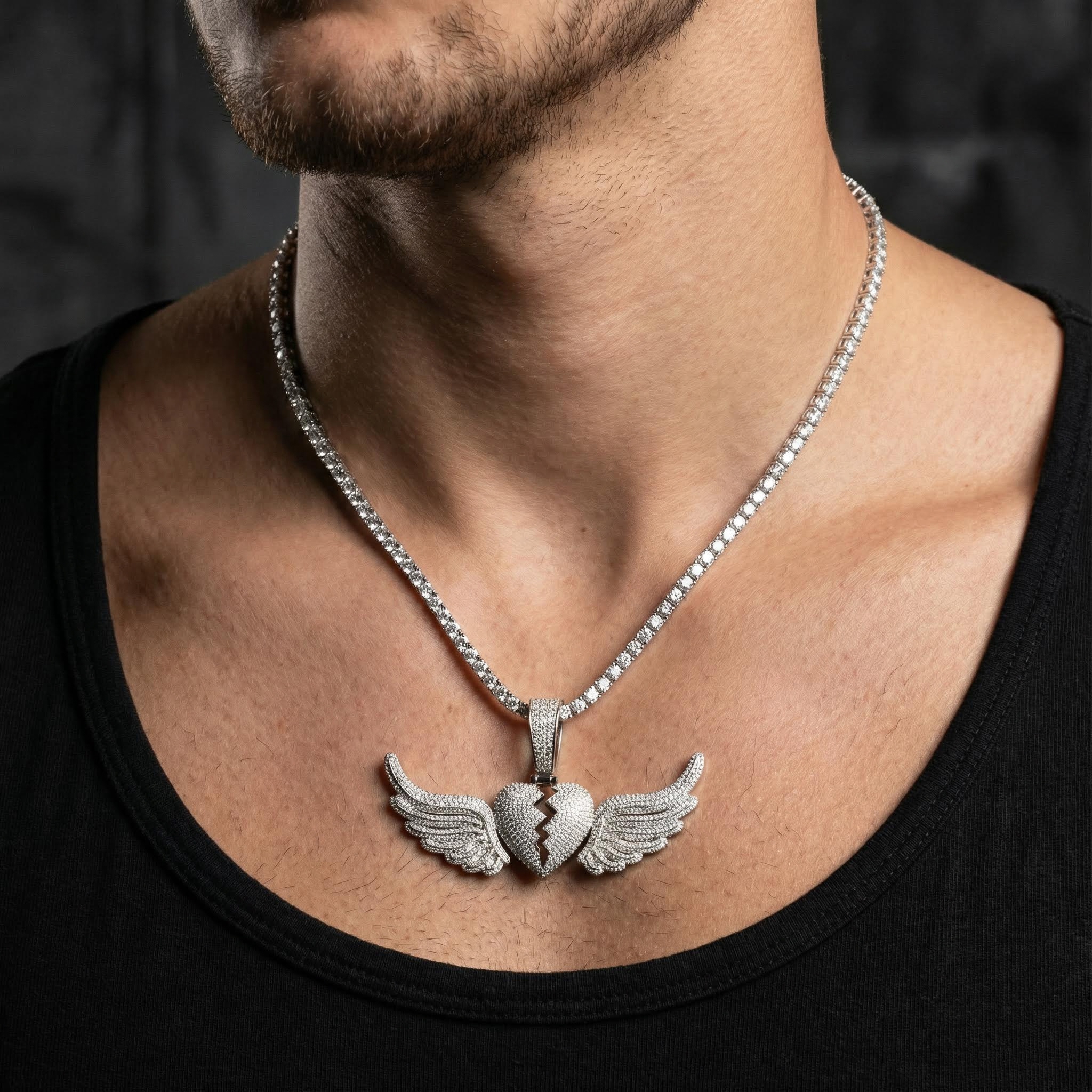 Paved Broken Heart with Flying Wings Pendant