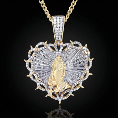 Praying Hands with Thorns Rosary Heart Pendant in Gold