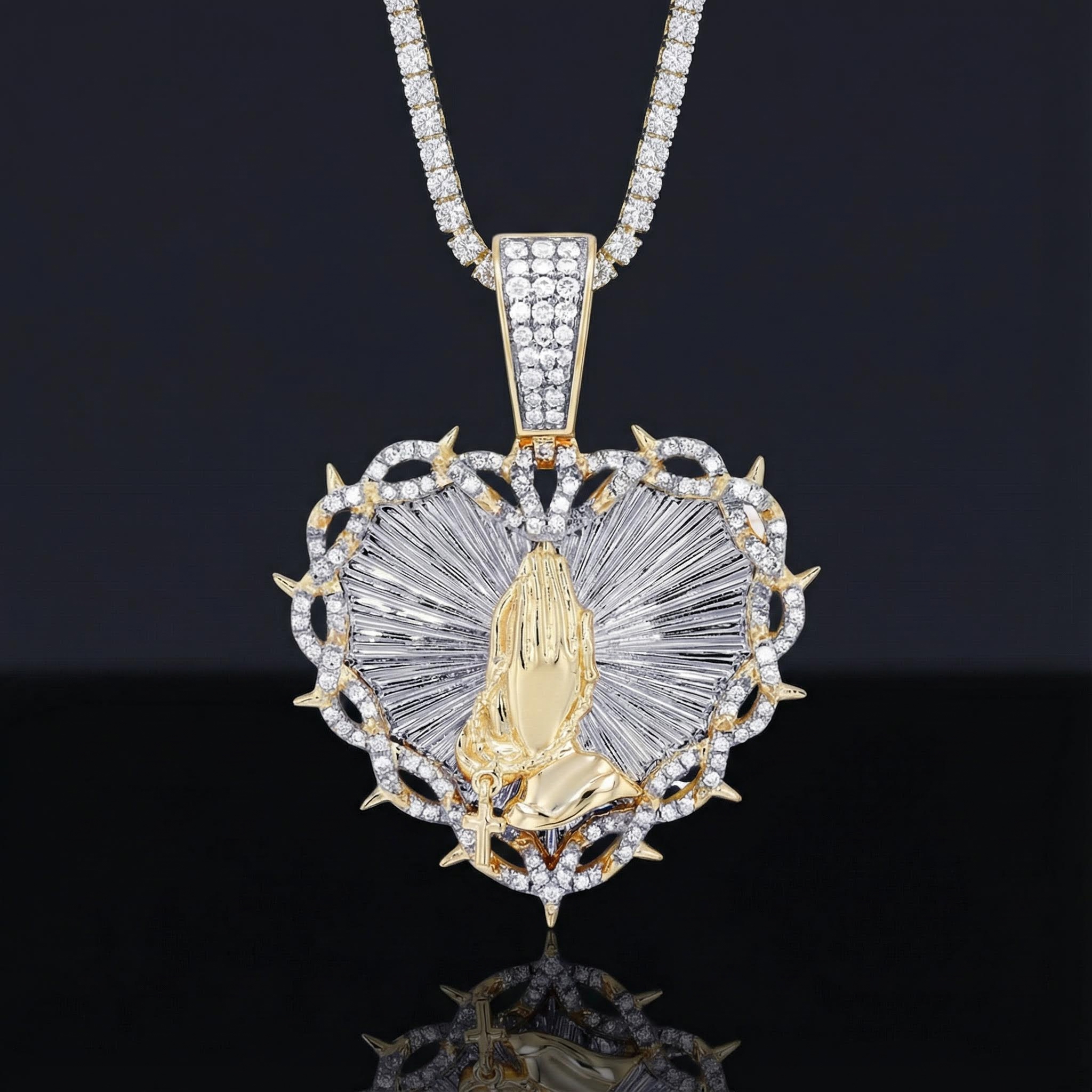 Praying Hands with Thorns Rosary Heart Pendant in Gold