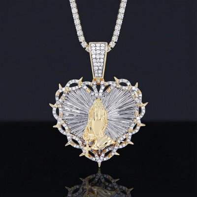 Praying Hands with Thorns Rosary Heart Pendant in Gold