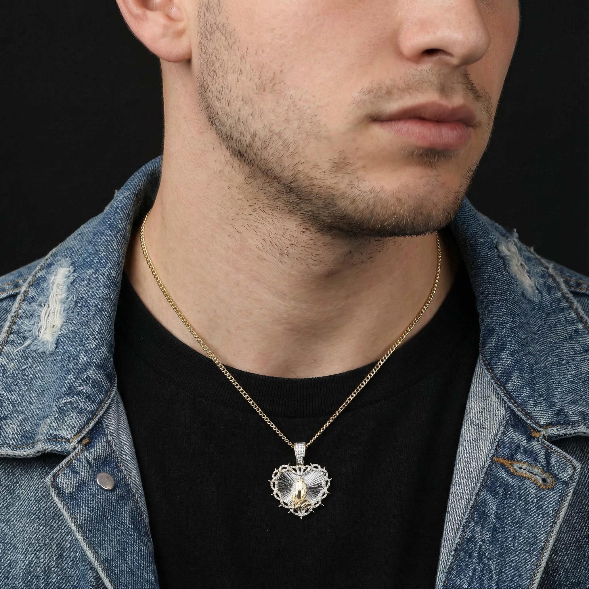 Praying Hands with Thorns Rosary Heart Pendant in Gold