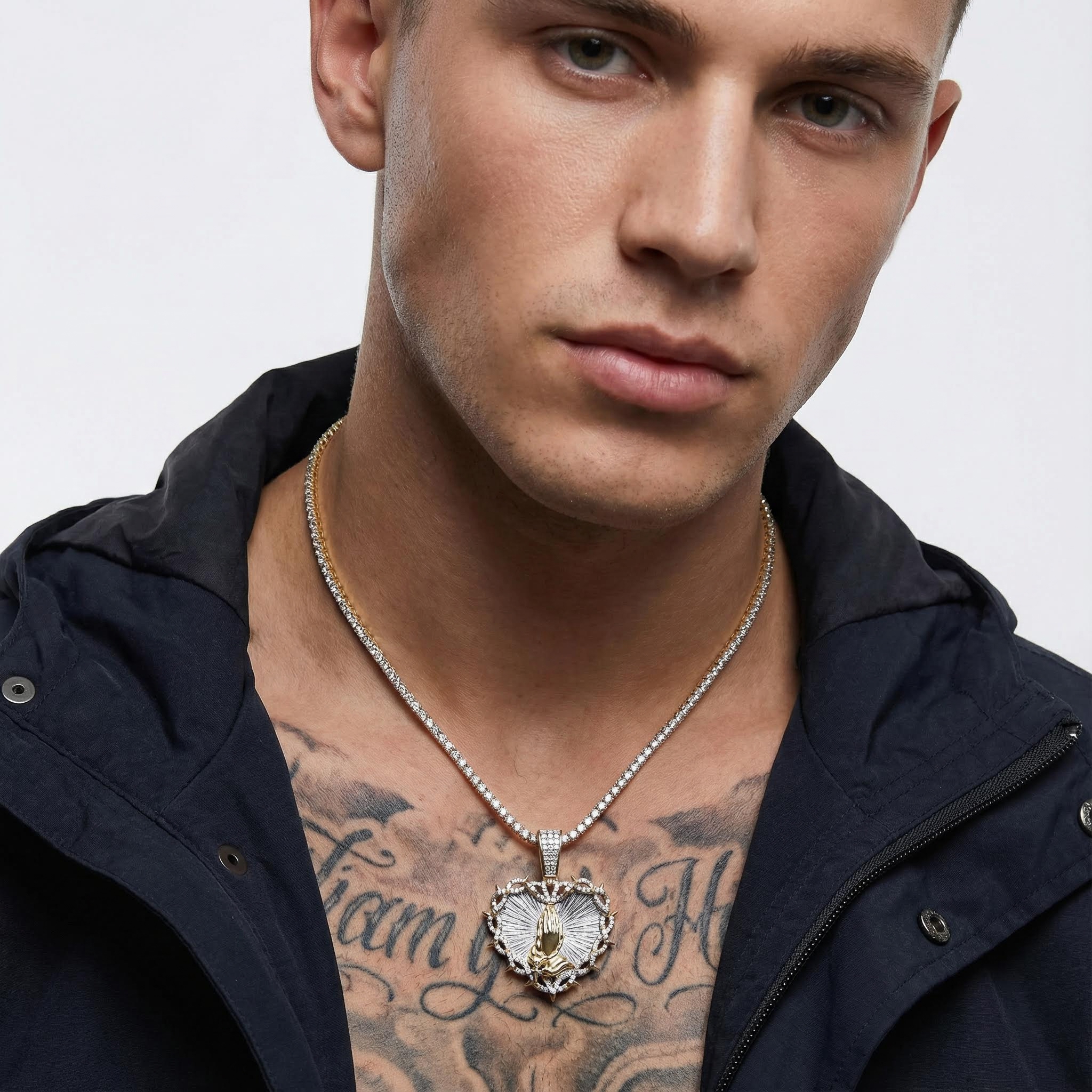 Praying Hands with Thorns Rosary Heart Pendant in Gold