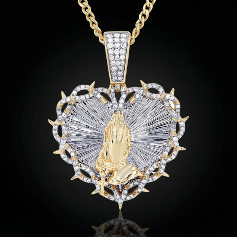 Praying Hands with Thorns Rosary Heart Pendant in Gold Praying Hands with Thorns Rosary Heart Pendant in Gold