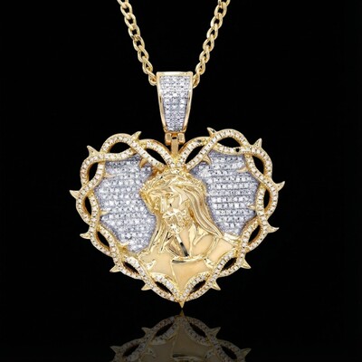 Jesus Head with Thorns Heart Pendant in Gold
