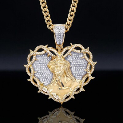 Jesus Head with Thorns Heart Pendant in Gold