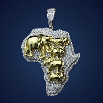 Gold 3D Elephants with Africa Map Pendant