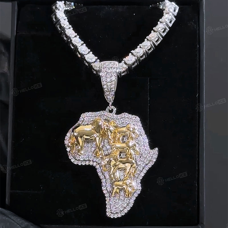 Gold 3D Elephants with Africa Map Pendant