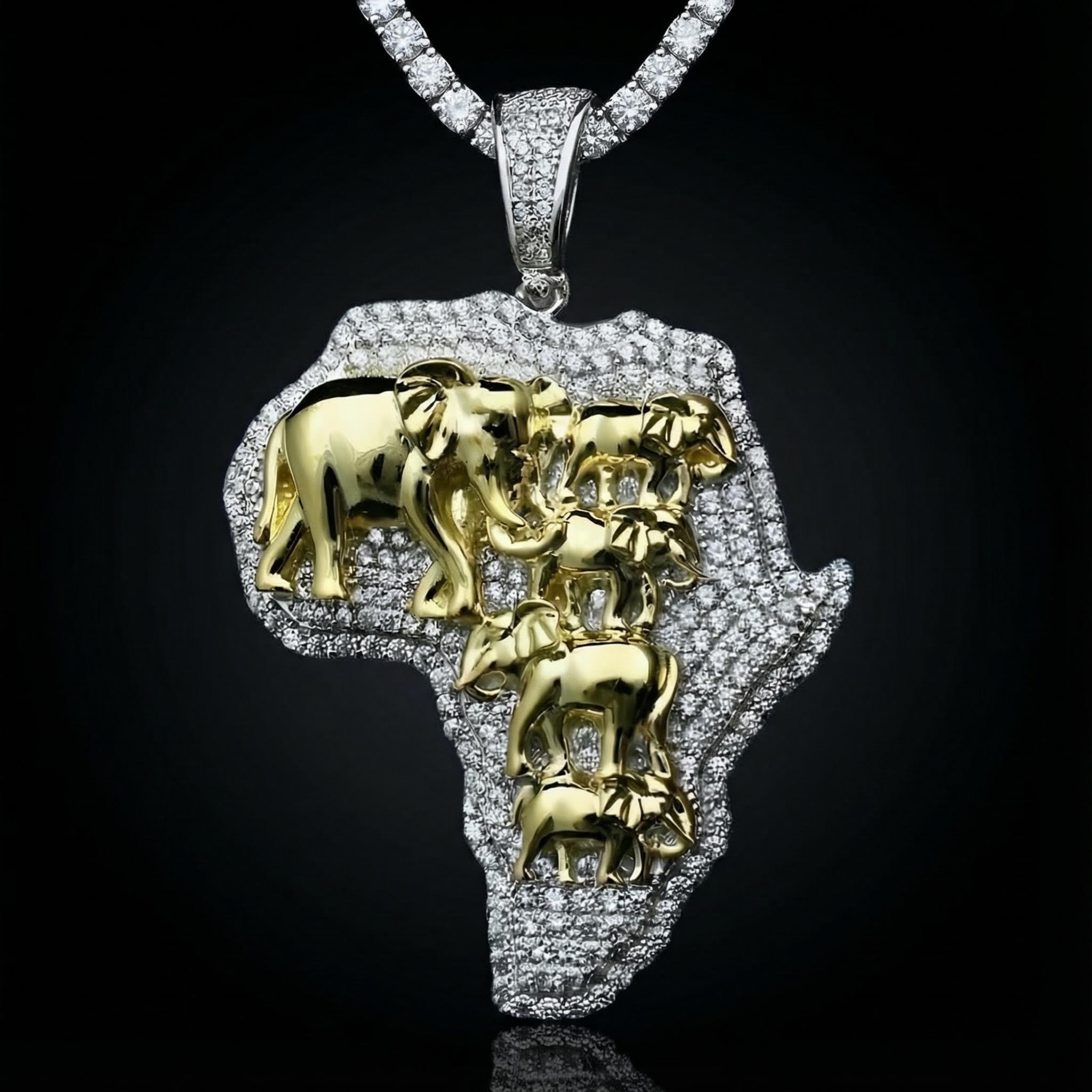 Gold 3D Elephants with Africa Map Pendant Gold 3D Elephants with Africa Map Pendant