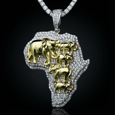 Gold 3D Elephants with Africa Map Pendant
