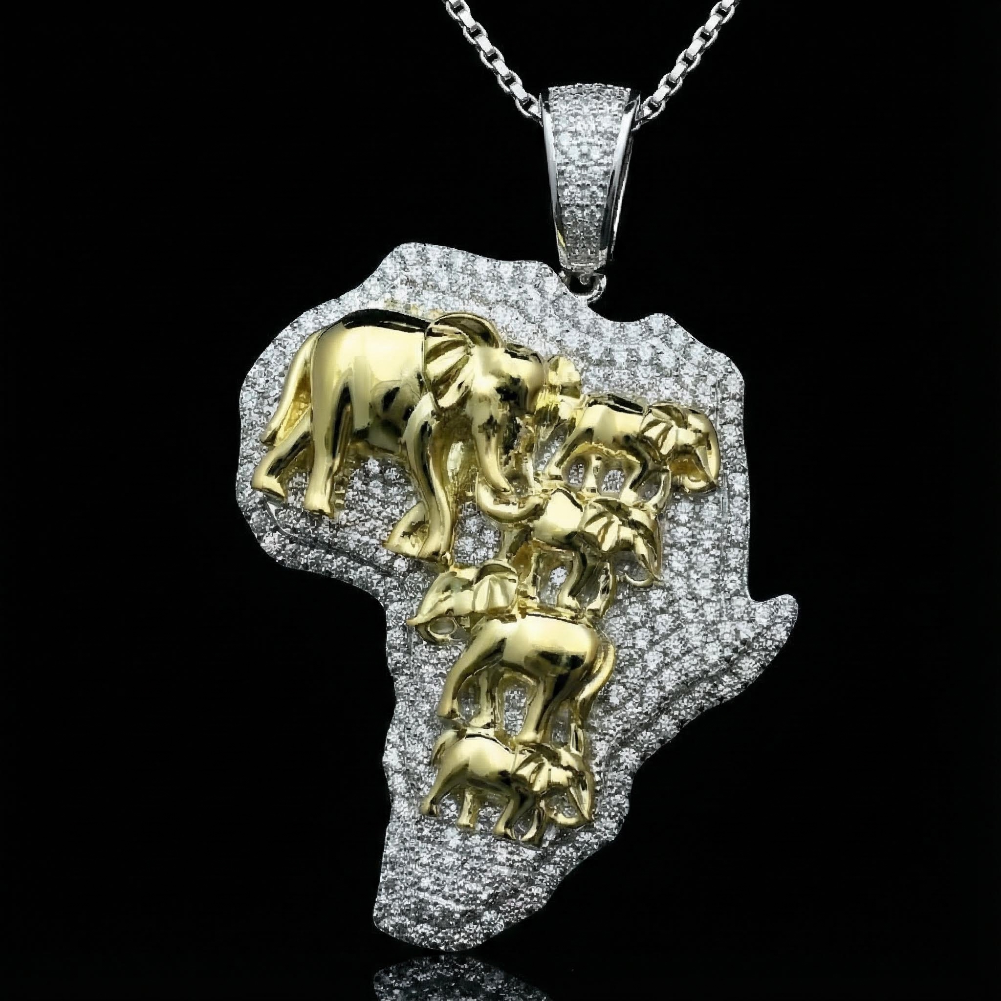 Gold 3D Elephants with Africa Map Pendant Gold 3D Elephants with Africa Map Pendant