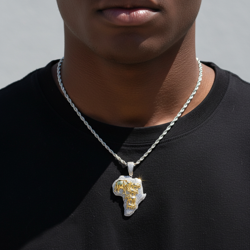 Gold 3D Elephants with Africa Map Pendant