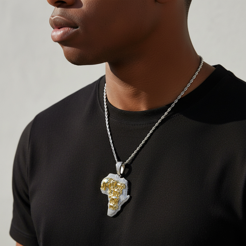 Gold 3D Elephants with Africa Map Pendant