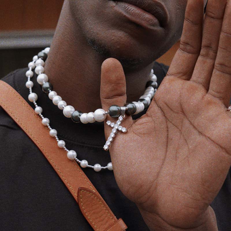 White and Black Pearl Necklace with Tennis Cross