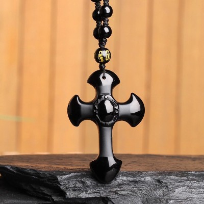 Obsidian Natural Stone Frost Cross Pendant