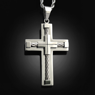 18K White Gold Stainless Steel Cross Pendant
