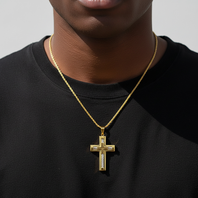 18K White Gold Stainless Steel Cross Pendant
