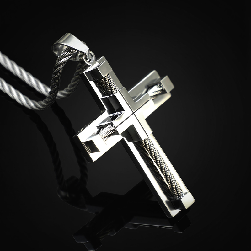 18K White Gold Stainless Steel Cross Pendant