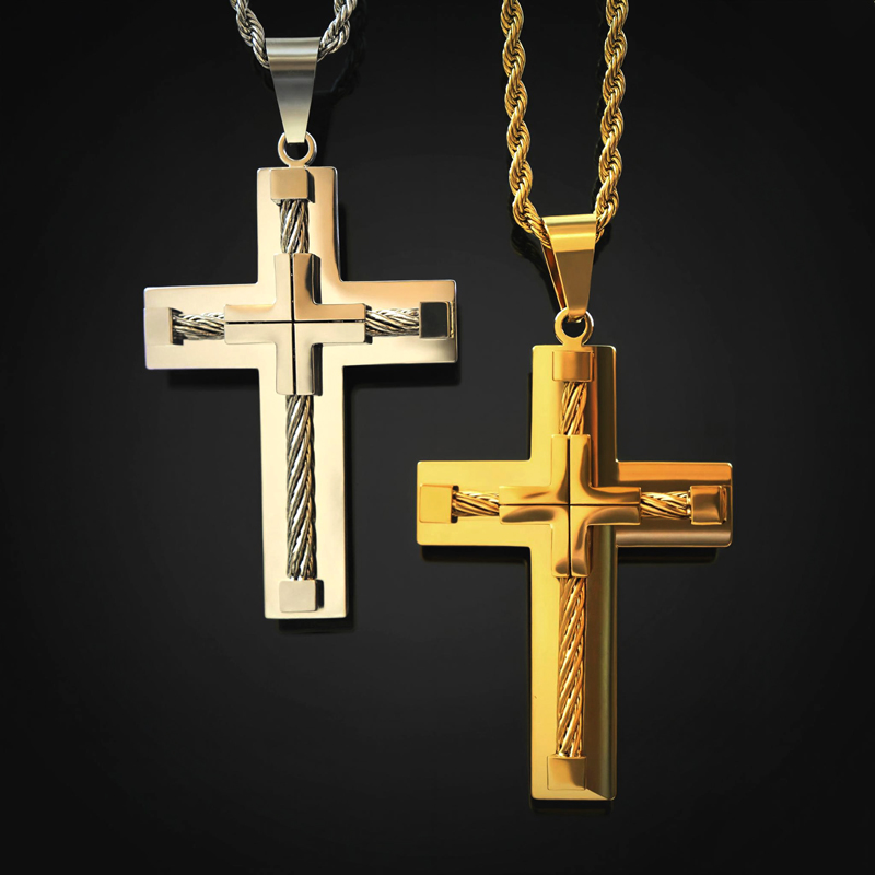 18K White Gold Stainless Steel Cross Pendant