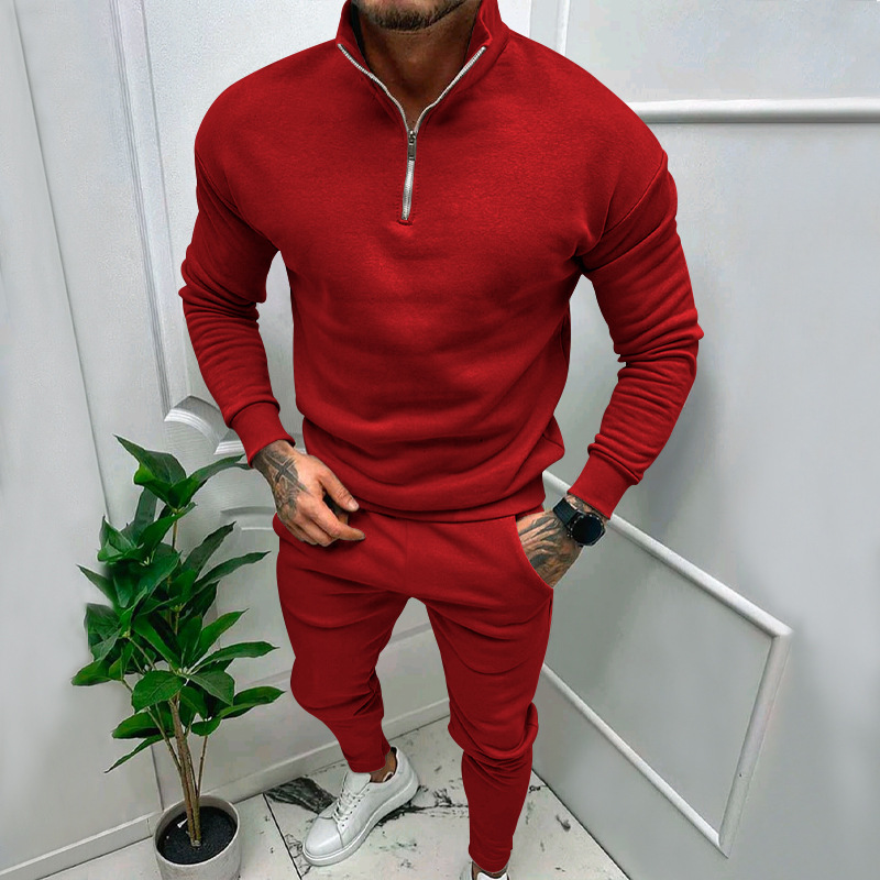 Solid Color Zipper Stand Collar Sweatshirt + Sweatpants Two-Piece Set