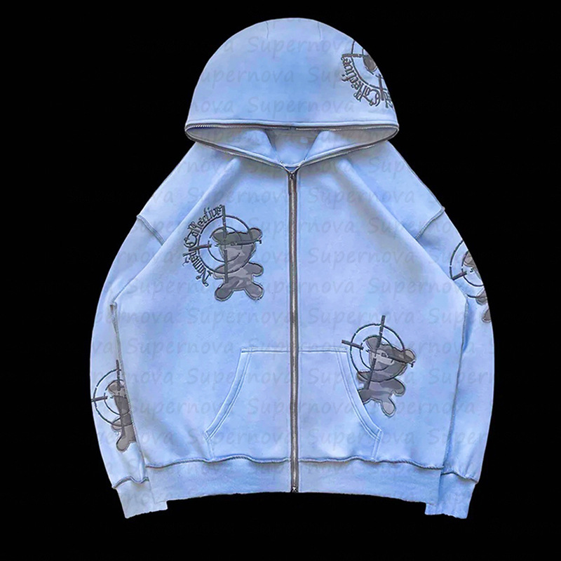 Hip Hop Embroidered Zipper Bear Print Sweatshirt Set