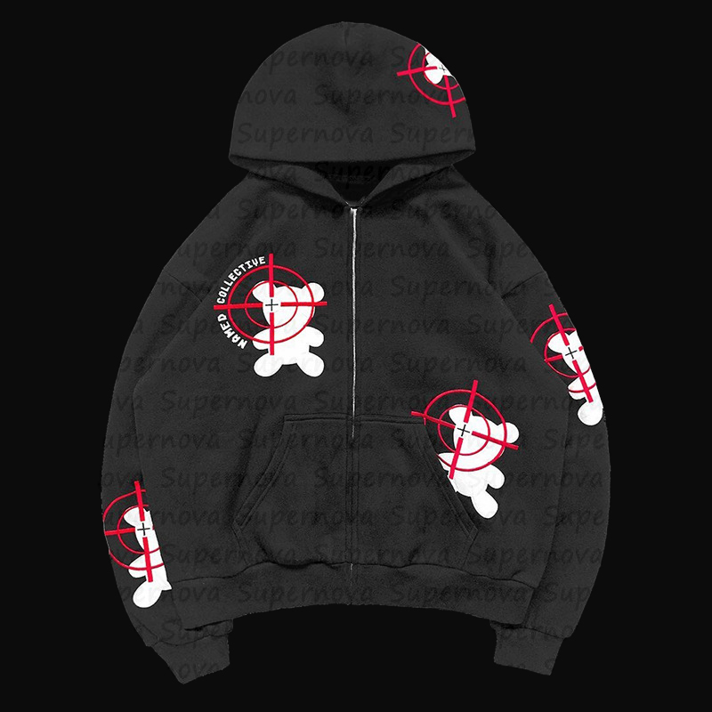 Hip Hop Embroidered Bear Print Sweatshirt Set