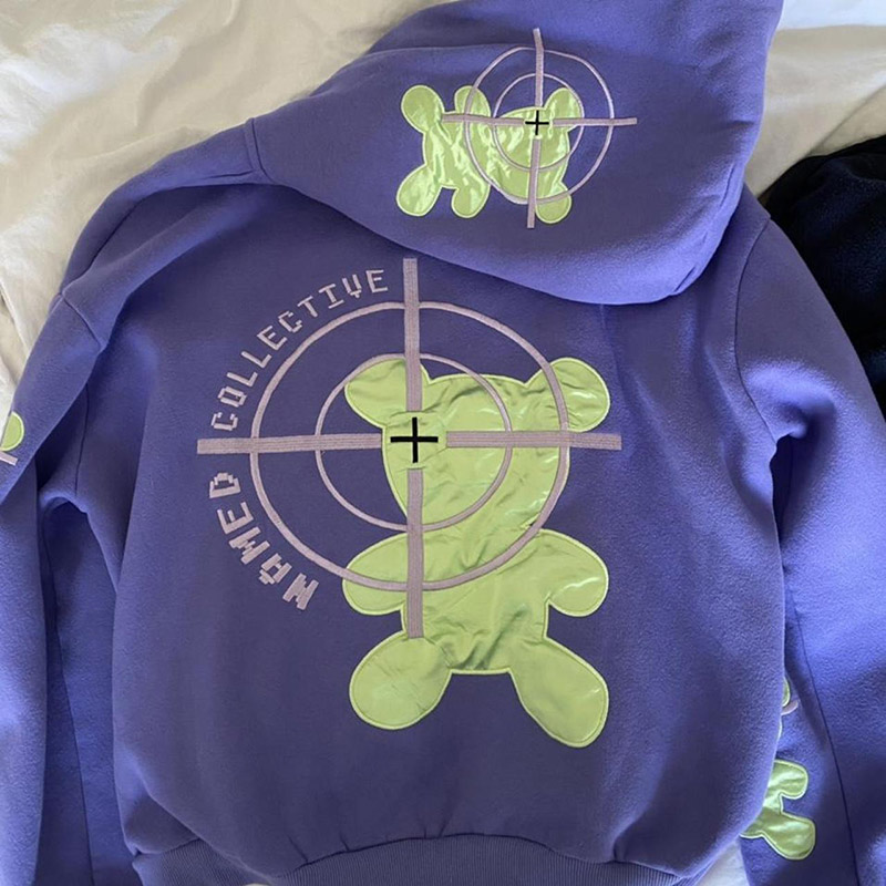 Hip Hop Embroidered Bear Print Sweatshirt Set