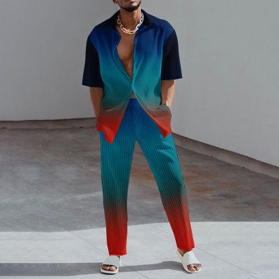 Contrast Color Printed Shirt + Casual Pants Suit