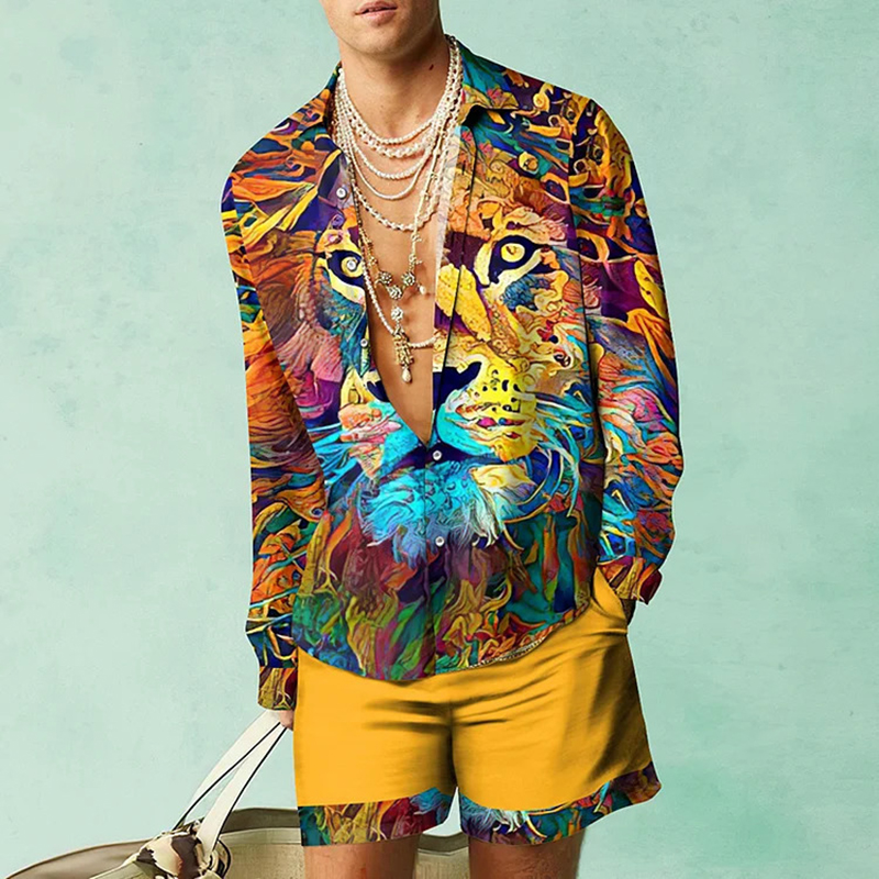 Fashionable Animal Print Shirt + Shorts Two-piece Set