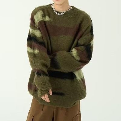 Colorblock Striped Camouflage Crew Neck Sweater