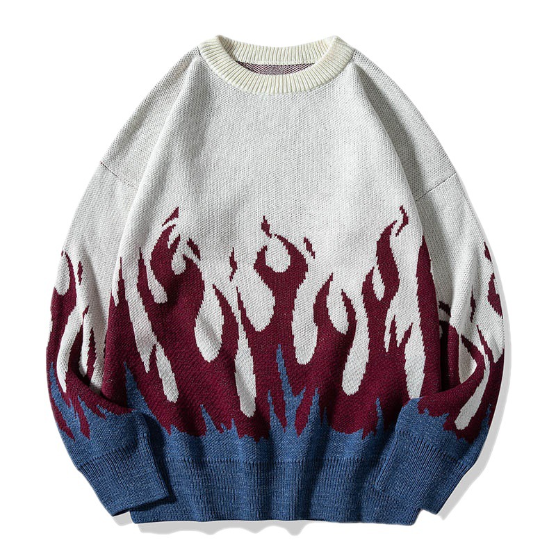 Flame Jacquard Crew Neck Pullover Sweater