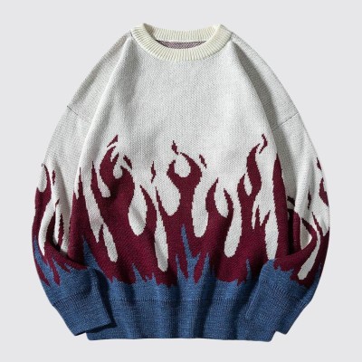 Flame Jacquard Crew Neck Pullover Sweater