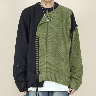 Retro Round Neck Pullover Patchwork Sweater
