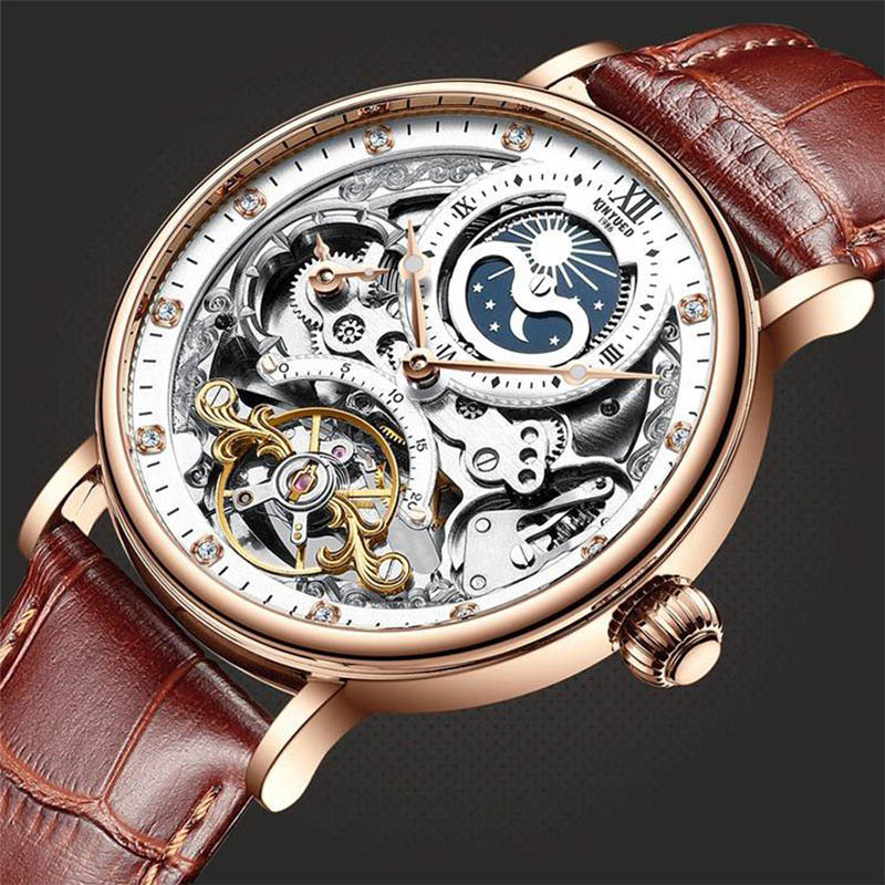 44mm Moon Phase Automatic Men's Watch with Leather Strap